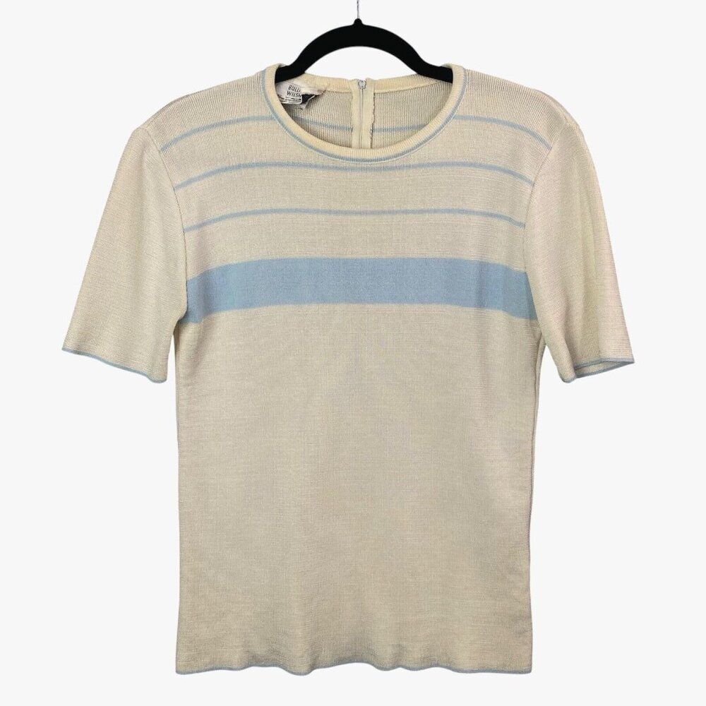 Vtg BULLOCKS WILSHIRE Women Short Sleeve Pullover Sweater Sz M Ivory Retro 94-4